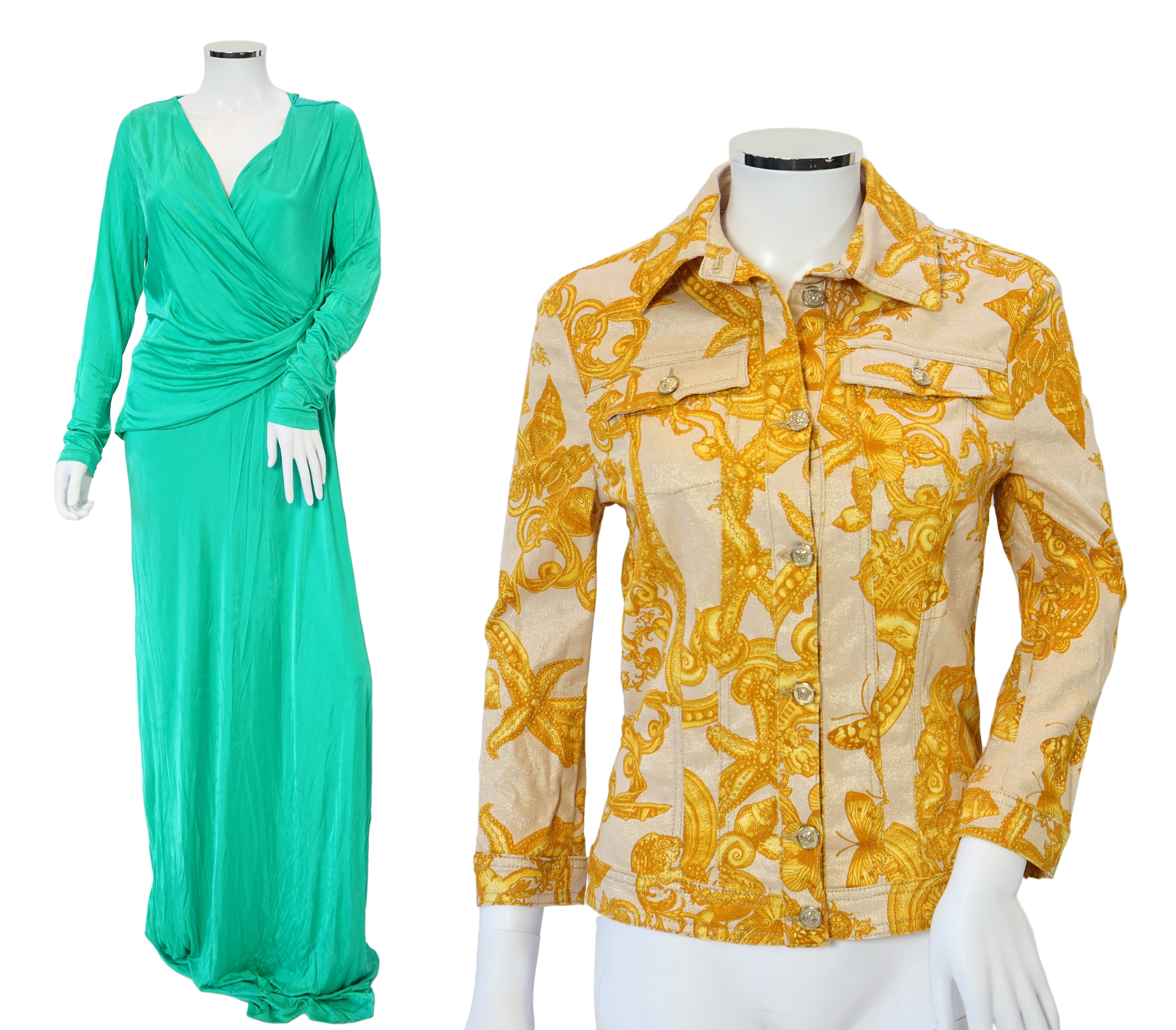 A Versace Collection green long dress and gold and yellow biker style jacket, dress size 52 and jacket size Medium